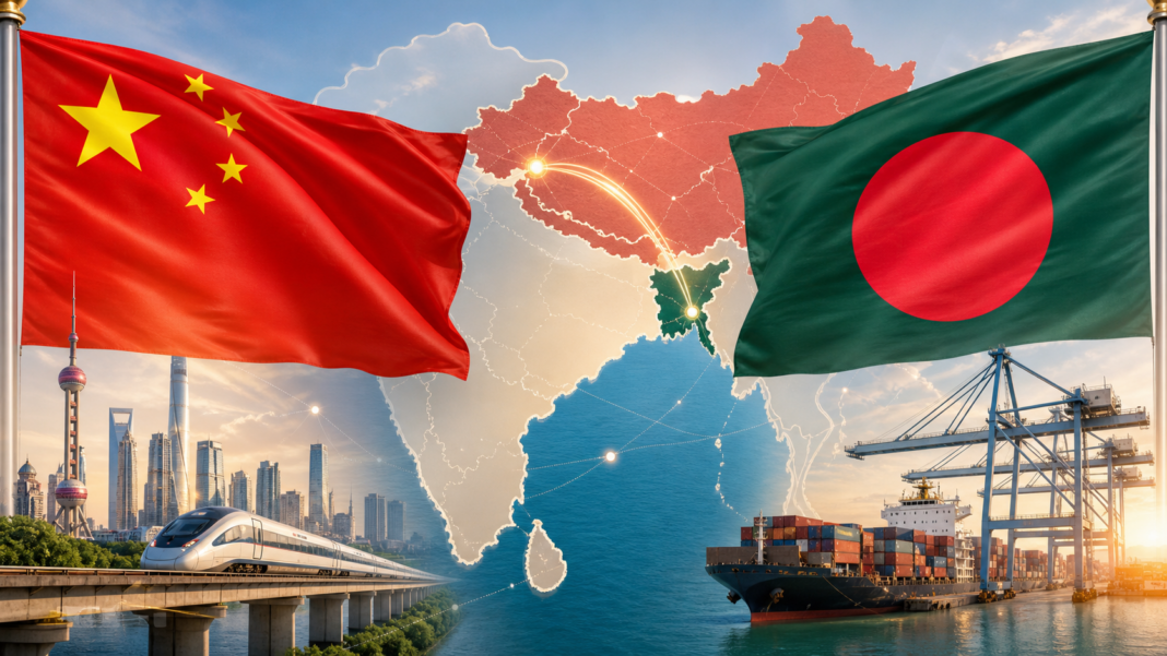 Flagi Chin i Bangladeszu na tle mapy Azji Południowej, portu i szlaków handlowych