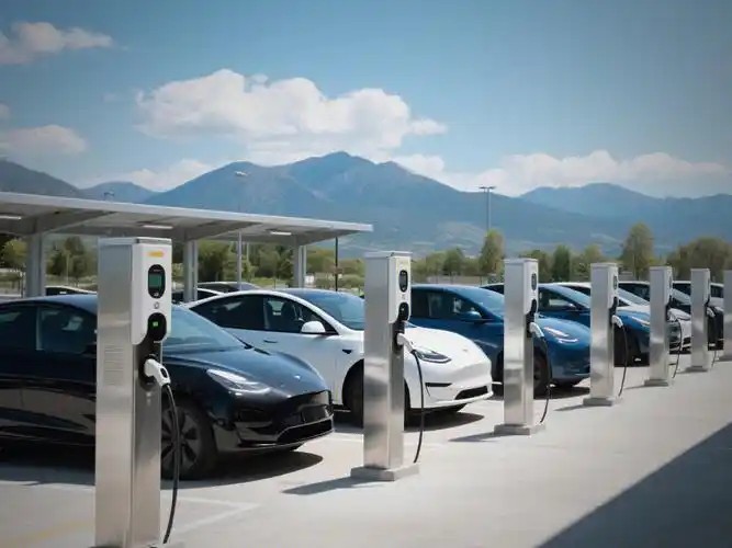 Samochody elektryczne w Chinach przy ładowarkach samochody elektryczne w Chinach przy punktach ładowania na parkingu