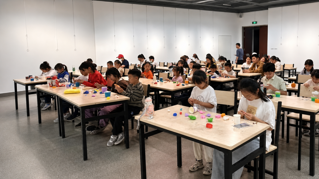 turystyka-edukacyjna-w-chinach-muzeum-shandong.jpg Dzieci i rodzice podczas warsztatów rękodzielniczych w Shandong Art Museum jako przykład turystyki edukacyjnej w Chinach