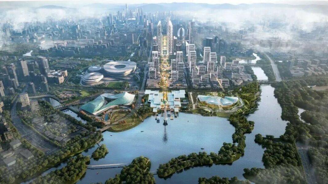 uslugi-technologiczne-w-zhejiang-centralna-os-hangzhou Usługi technologiczne w Zhejiang — wizualizacja nowego ośrodka miejskiego w Hangzhou, stolicy prowincji Zhejiang