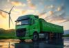 Chińskie ciężarówki jadą na prąd. Shandong testuje zieloną logistykę ciężkiego transportu Zielona logistyka w Chinach — elektryczna ciężarówka na tle turbin wiatrowych