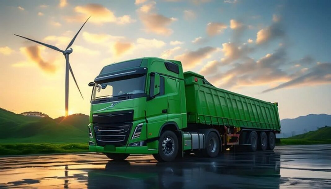Zielona logistyka w Chinach Zielona logistyka w Chinach — elektryczna ciężarówka na tle turbin wiatrowych