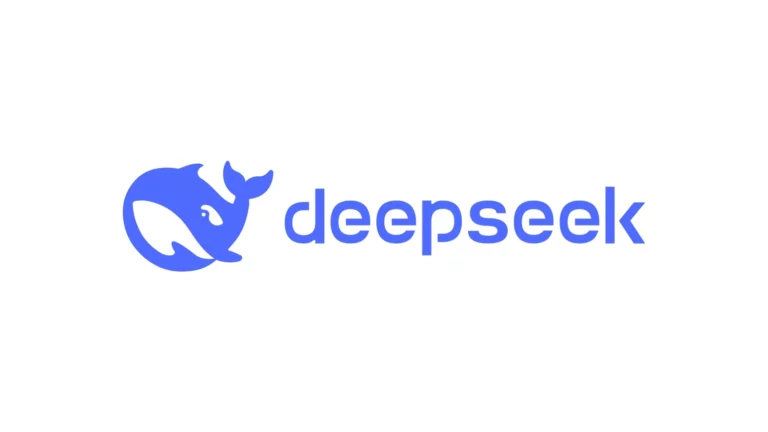 Niebieskie logo chińskiej firmy DeepSeek na białym tle.