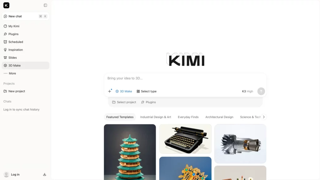 Interfejs Kimi 3D Make służący do tworzenia projektów przestrzennych.